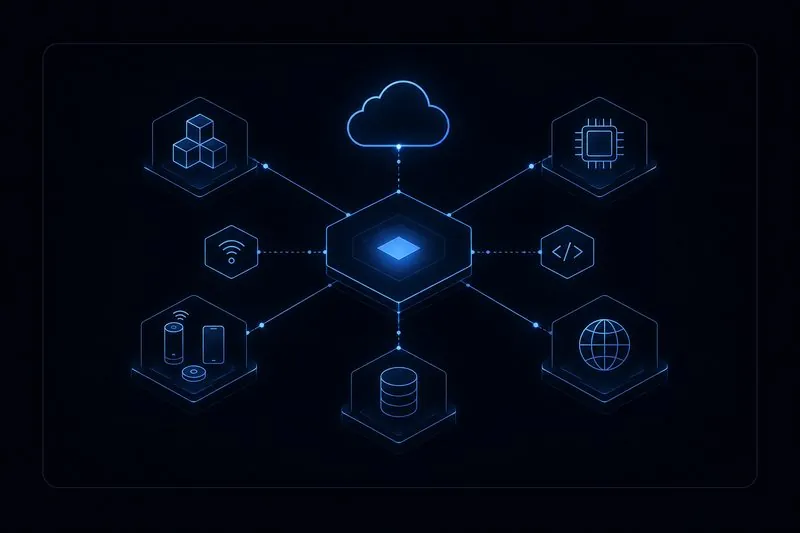 Abstract layered platform topology with glowing node connections