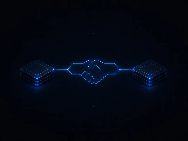 Glowing handshake of circuit lines connecting two platform stacks